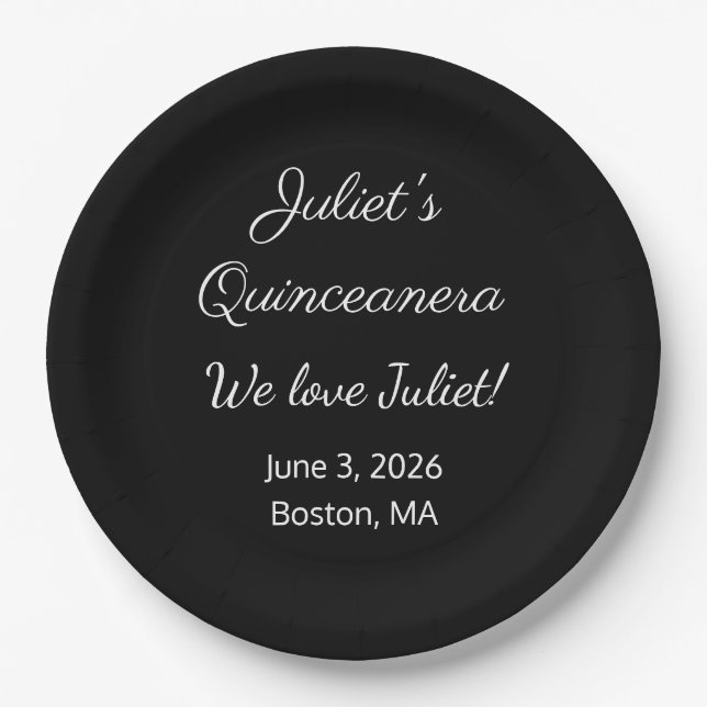 Loving Letters: Black & White Quinceanera  Paper Plate (Front)