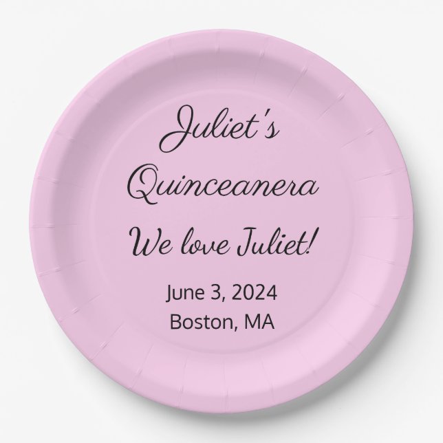 Loving Letters: Pink & Black Quinceanera  Paper Plate (Front)