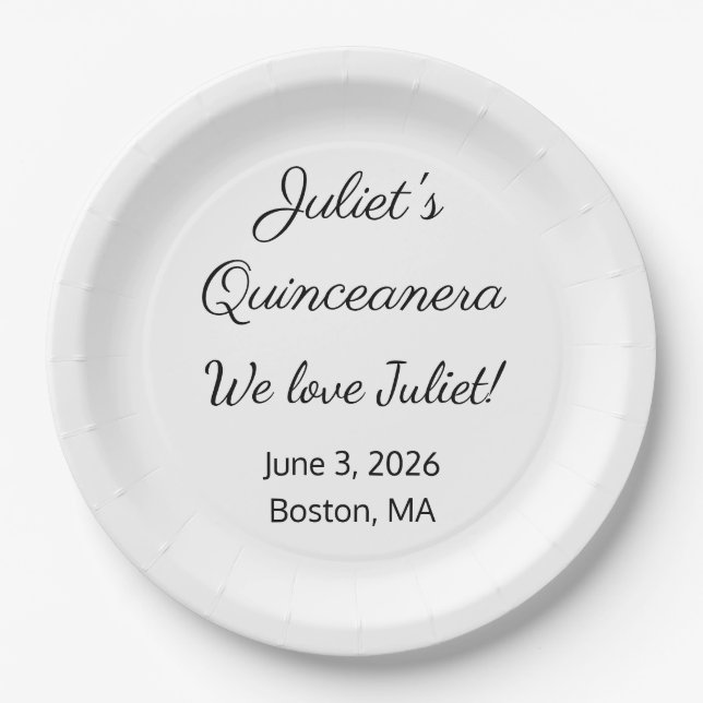 Loving Letters: White & Black Quinceanera  Paper Plate (Front)