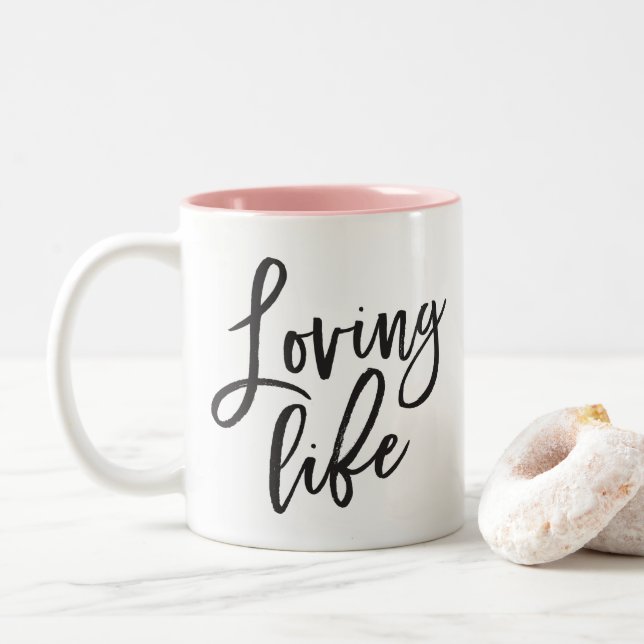 LOVING LIFE black minimal script positive quote Two-Tone Coffee Mug (With Donut)
