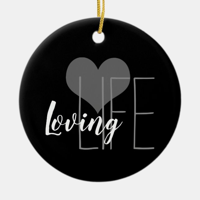 LOVING LIFE lettering with heart | Ceramic Tree Decoration (Front)