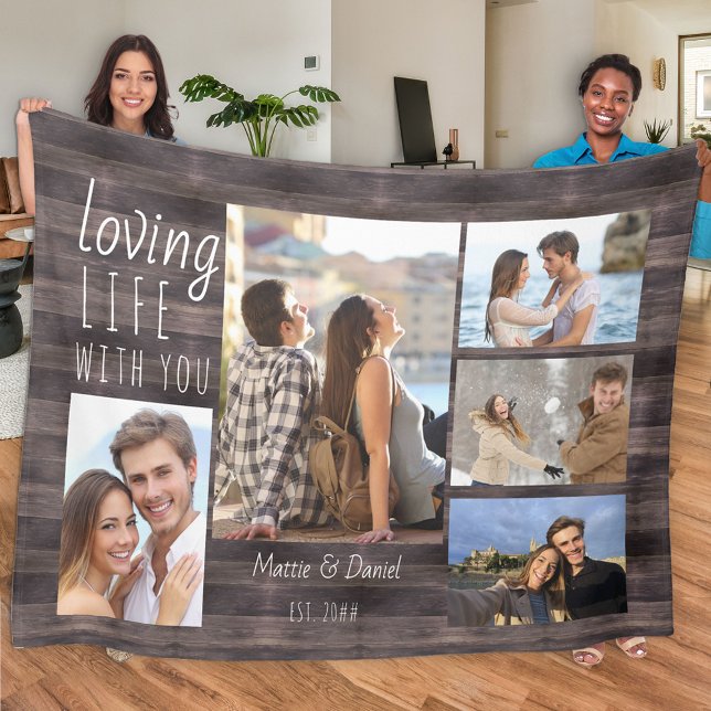 Loving Life with You 5 Photo Collage Rustic Wood Fleece Blanket (Creator Uploaded)