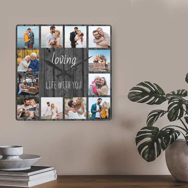 Loving Life with You Quote 12 Photo Grey Wood Square Wall Clock (Grey wood effect clock with 12 photos - lettered with "loving life with you")