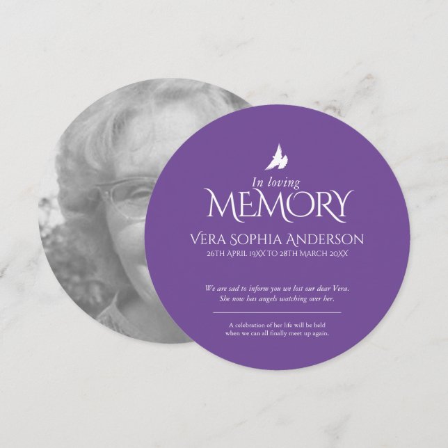 Loving memory dove purple photo death announcement (Front/Back)