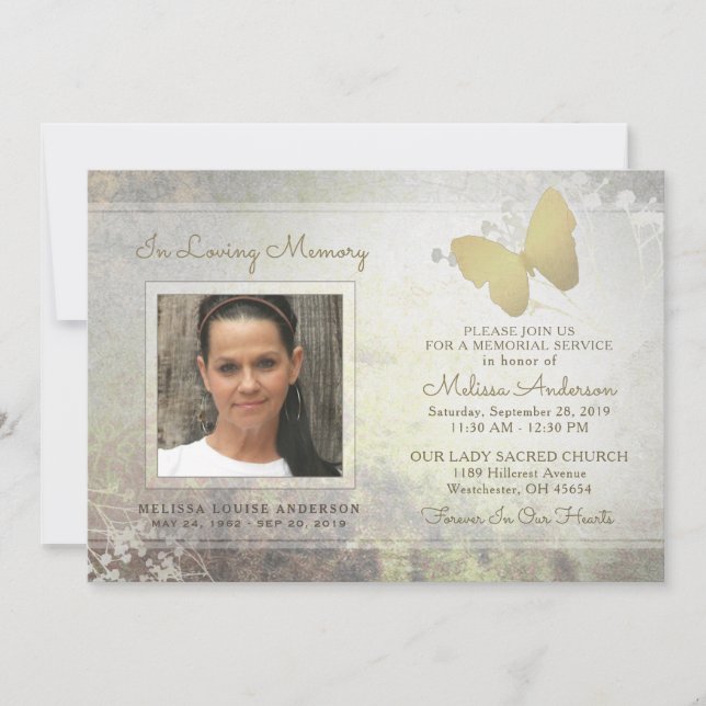 Loving Memory Golden Butterfly Memorial Invite (Front)