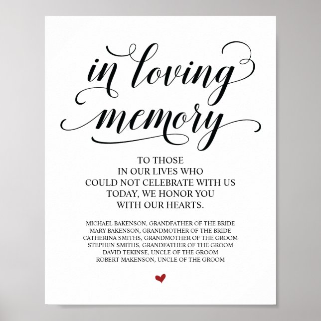Loving Memory In Our Heart Memorial table Sign (Front)
