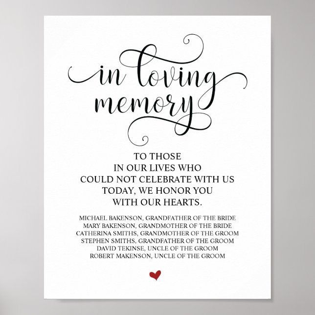 Loving Memory In Our Heart Memorial table Sign (Front)
