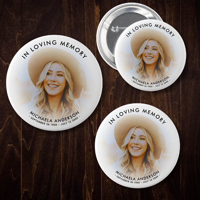 Loving Memory Modern Memorial Custom Text & Photo 7.5 Cm Round Badge (Creator Uploaded)