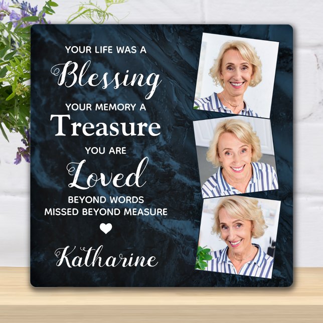 Loving Memory Personalised 3 Photo Blue Memorial Plaque (Creator Uploaded)