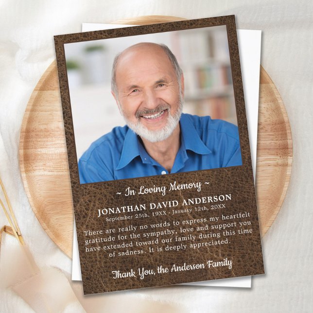Loving Memory Photo Faux Leather Sympathy Funeral Thank You Card (Creator Uploaded)