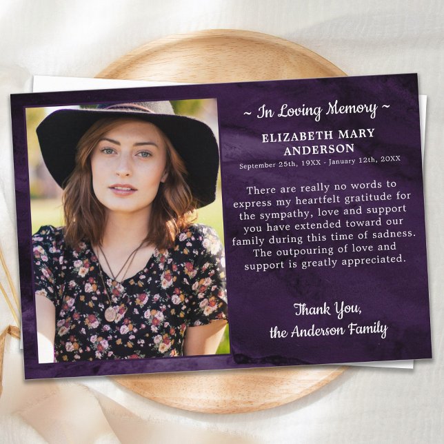 Loving Memory Photo Purple Marble Sympathy Funeral Thank You Card (Creator Uploaded)