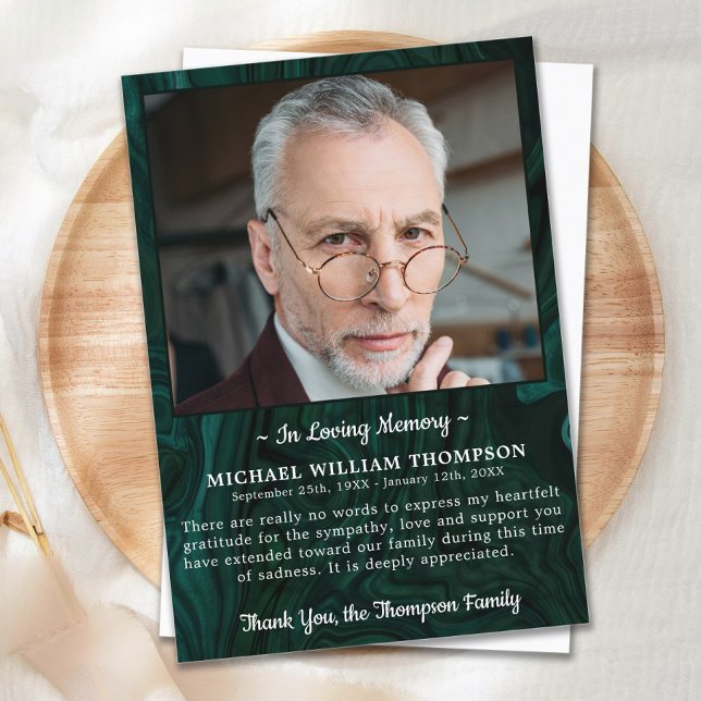 Loving Memory Sympathy Photo Green Marble Funeral Thank You Card (Creator Uploaded)
