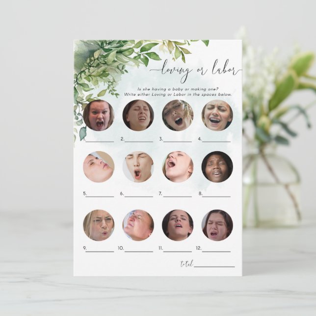 Loving or Labour Greenery Baby Shower Game Invitation (Standing Front)