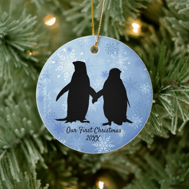 Loving Penguin Couple Christmas Ceramic Tree Decoration (Tree)