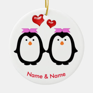 Loving Penguin Couple Two Females Ceramic Tree Decoration