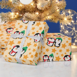 Loving Penguins and Stars Festive Yellow Seamless Wrapping Paper