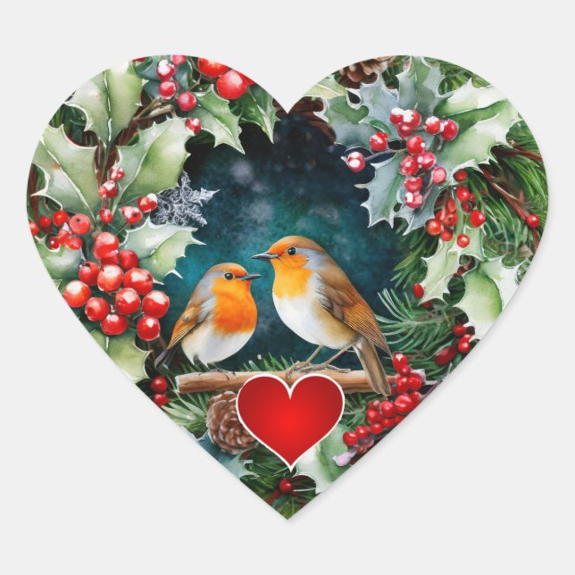 Loving robins, holly and heart  heart sticker (Front)