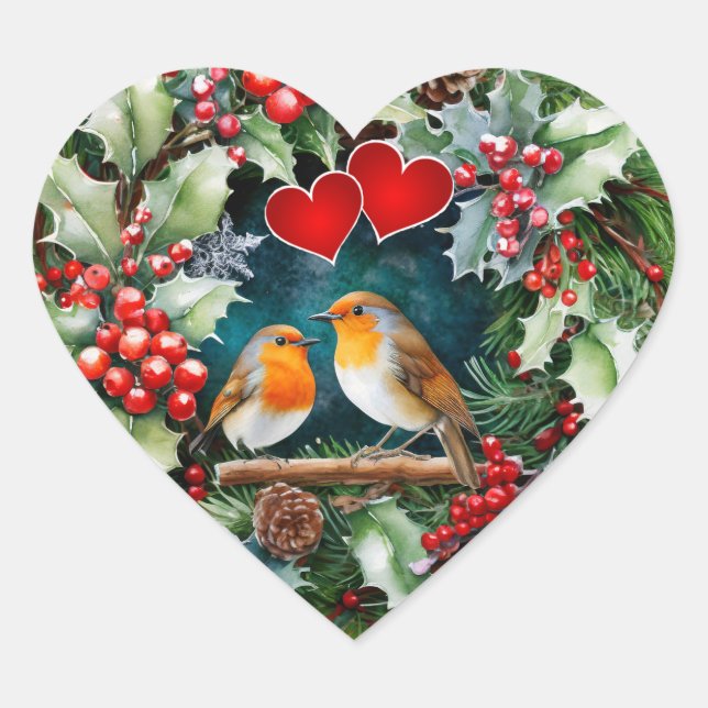 Loving robins, holly and hearts heart sticker (Front)
