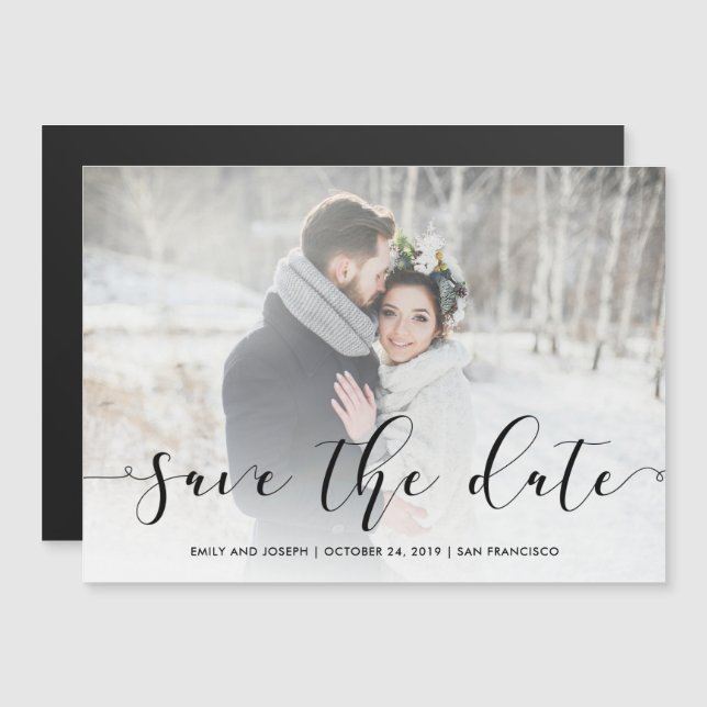 Loving Script | Black Save the Date with Photo Magnetic Invitation (Front/Back)