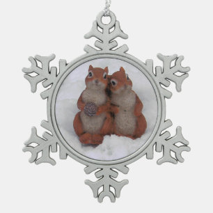 Loving Squrrels in Snow Pewter Ornament/Necklace Snowflake Pewter Christmas Ornament
