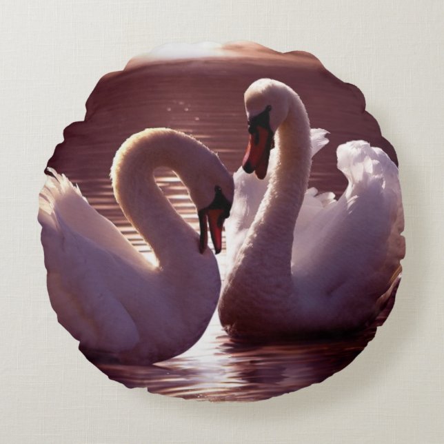 Loving Swans Forming a Heart Round Cushion (Front)