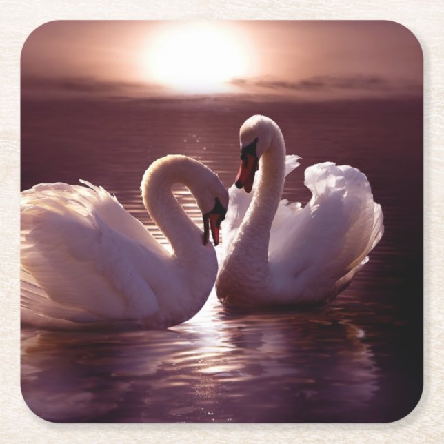 Loving Swans Forming a Heart Square Paper Coaster (Front)