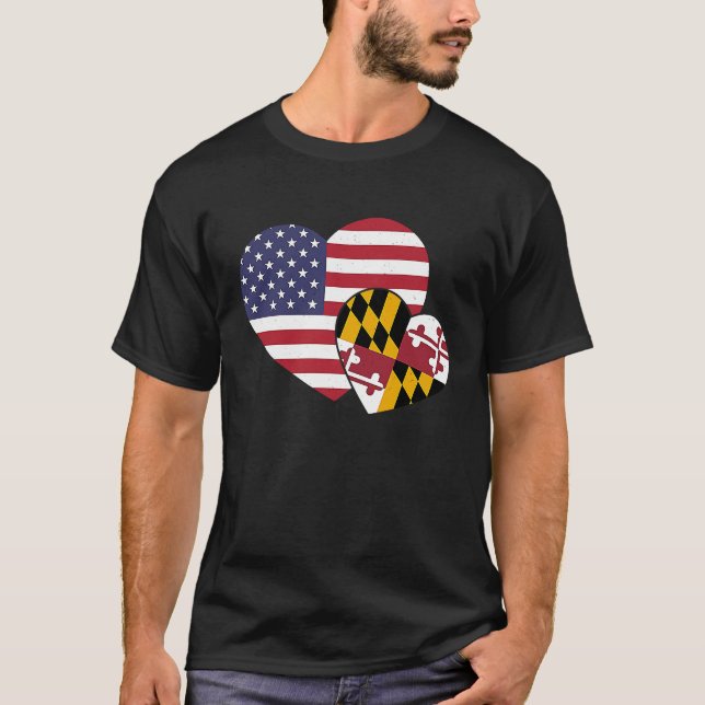 Loving USA & Maryland State Flag Heart Proud Ameri T-Shirt (Front)