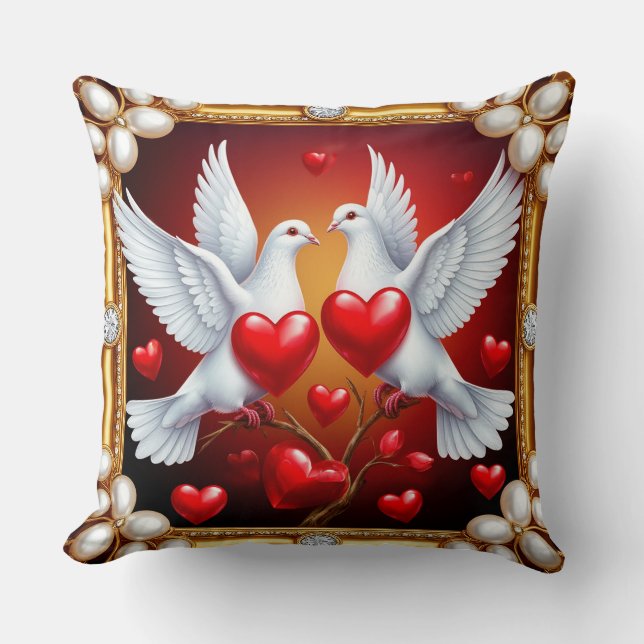 Loving White Doves Framed with Hearts Cushion (Front)