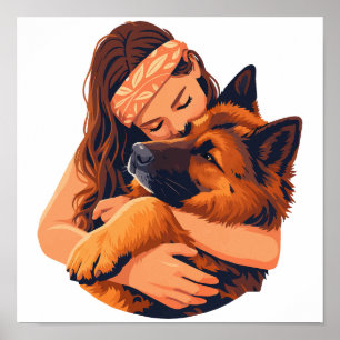 Loving Woman Hugging German Shepherd Dog Poster