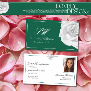 Lovingly White Rose on Green with Initials Photo Business Card