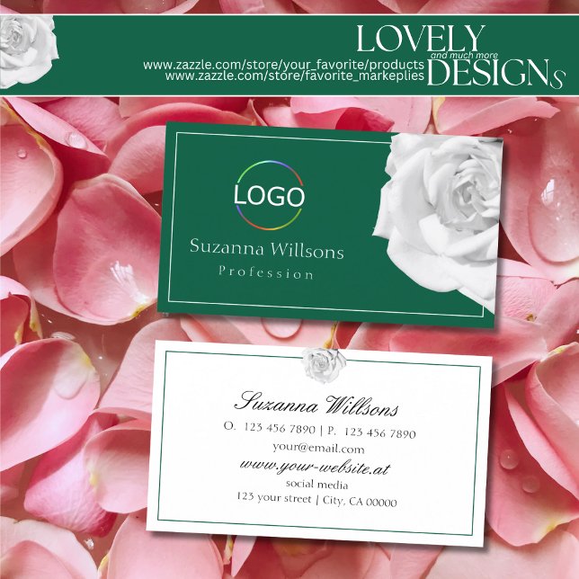 Lovingly White Rose on Green with Logo Pleasant Business Card (Creator Uploaded)