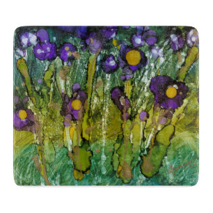 Lovitude Purple & Gold Irises Glass Cutting Board