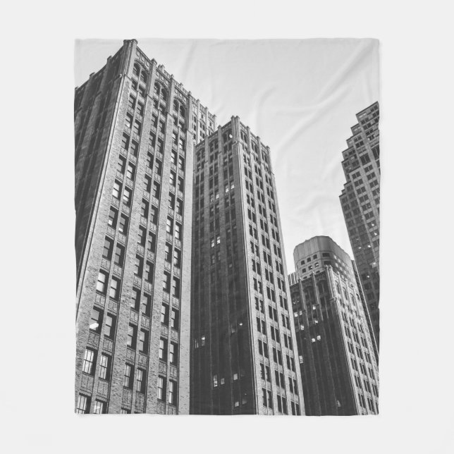 LOW ANGLE GRAYSCALE PHOTOGRAPHY OF HIGH-RISE BUILD FLEECE BLANKET (Front)