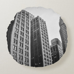 LOW ANGLE GRAYSCALE PHOTOGRAPHY OF HIGH-RISE BUILD ROUND CUSHION