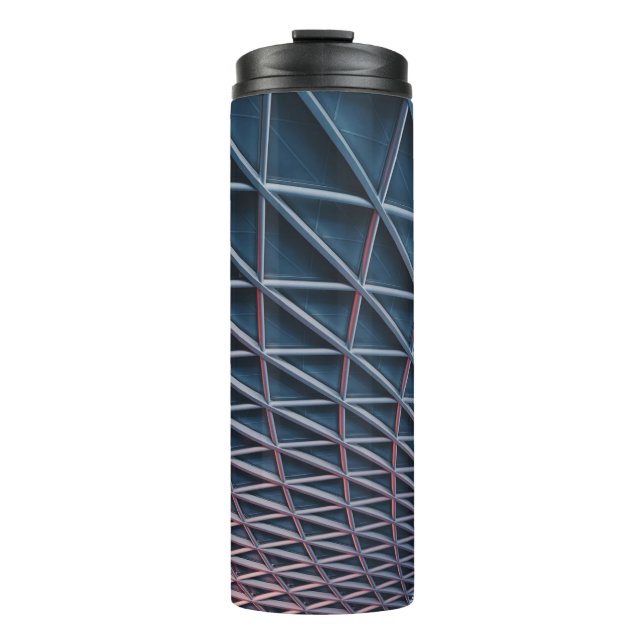 Low-angle photo of building structure thermal tumbler (Front)