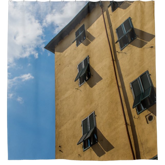 LOW ANGLE PHOTOGRAPHY OF BROWN LOUVER WINDOW SHOWER CURTAIN (Front)