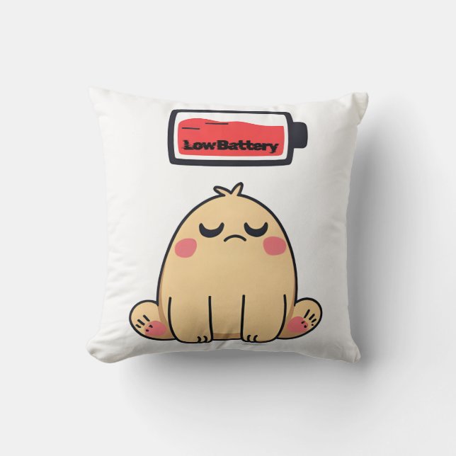 Low Battery Mood – Funny Comic Doodle Cushion (Front)