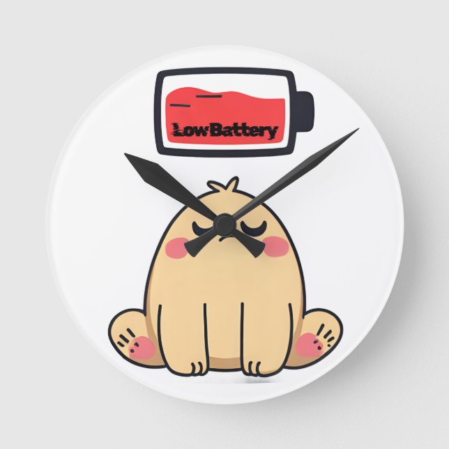 Low Battery Mood – Funny Comic Doodle Round Clock (Front)