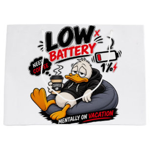 Low Battery Need Coffee – Funny Sleepy Duck Design Large Gift Bag