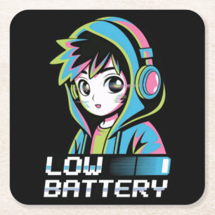 Low Battery – Neon Gamer Mood Tee Square Paper Coaster