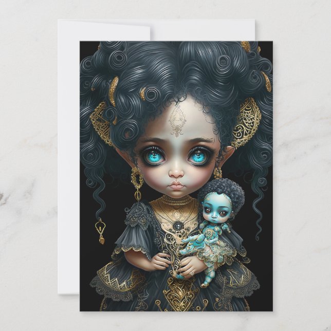 Low Brow, Gothic Girl With Antique Doll, Big Eyed Invitation (Front)