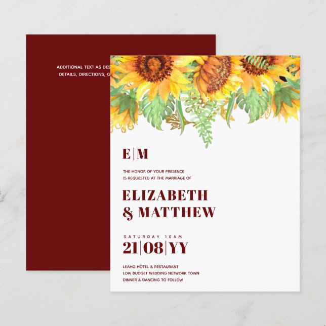 Low Budget BURGUNDY Sunflowers Wedding (Front/Back)