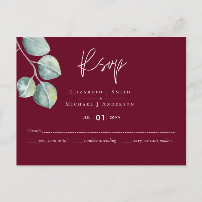 Low Budget BURGUNDY White EUCALYPTUS Wedding Postcard (Front)