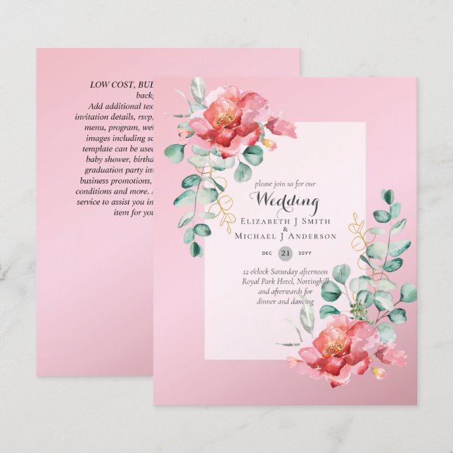 Low Budget Red Rose Floral Wedding Invitation (Front/Back)