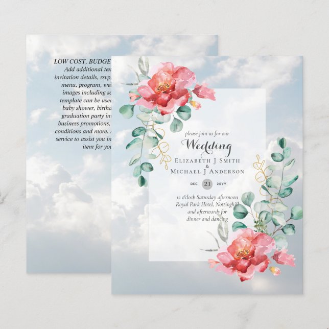 Low Budget Red Rose Floral Wedding Invitation (Front/Back)
