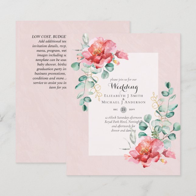 Low Budget Red Rose Floral Wedding Invitation (Front/Back)