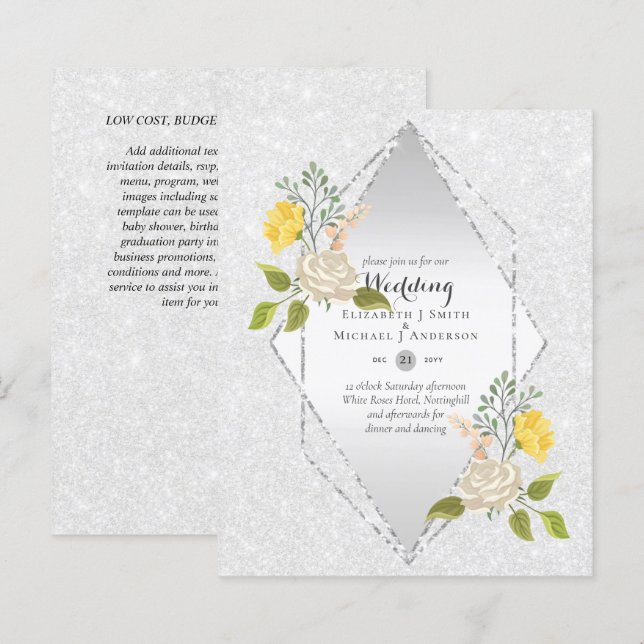 LOW BUDGET White Rose Yellow Flower Wedding Invite (Front/Back)