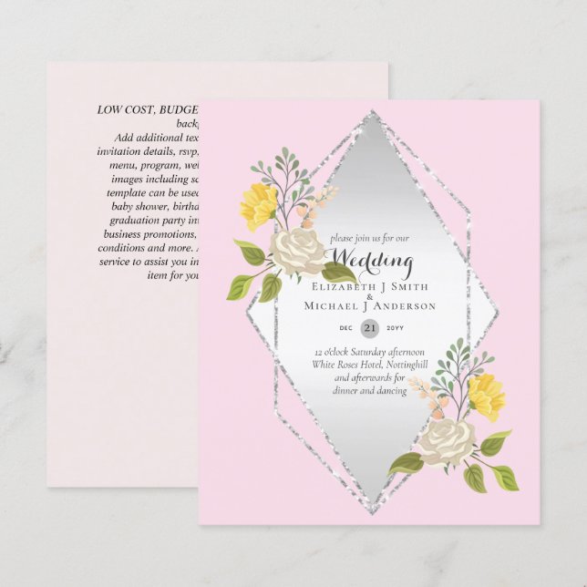 LOW BUDGET White Rose Yellow Flower Wedding Invite (Front/Back)