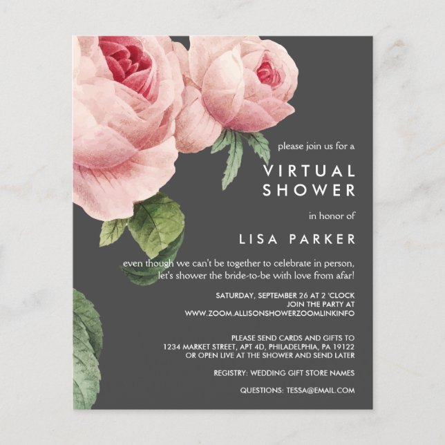 LOW COST Vintage Pink Rose WEDDING Virtual Shower (Front)