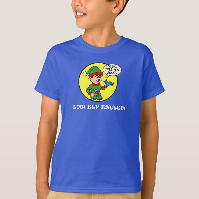 Low Elf Esteem Funny Christmas Pun T-Shirt (Front)